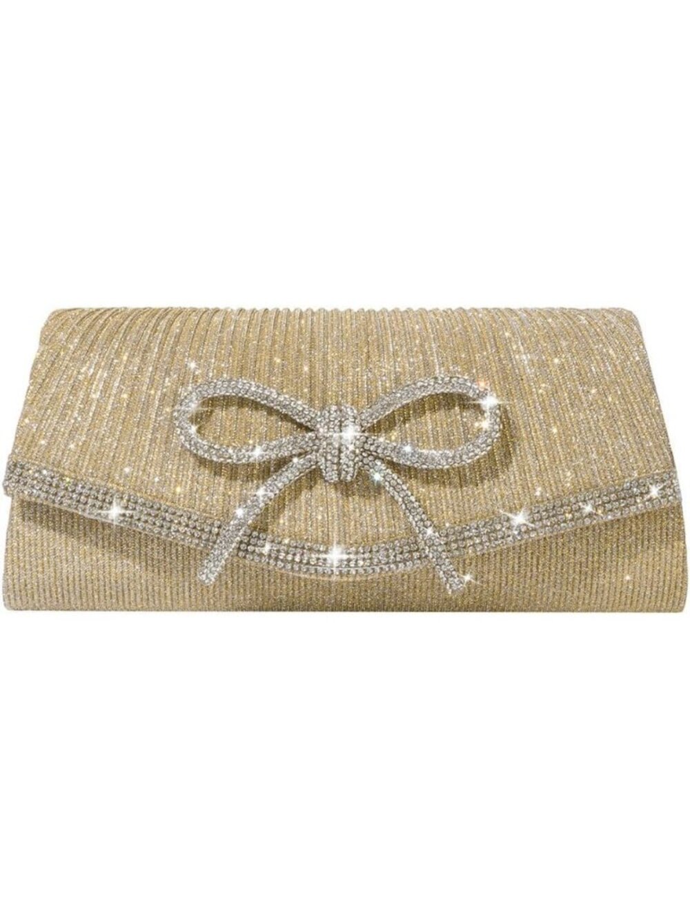 Women's Gold Sparkly Bow Rhinestone Clutch Purse Glitter Evening Bag